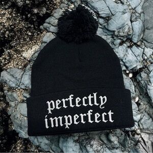 NEW Beautiful Disaster “Perfectly Imperfect” Black Pom Pom Beanie-One Size